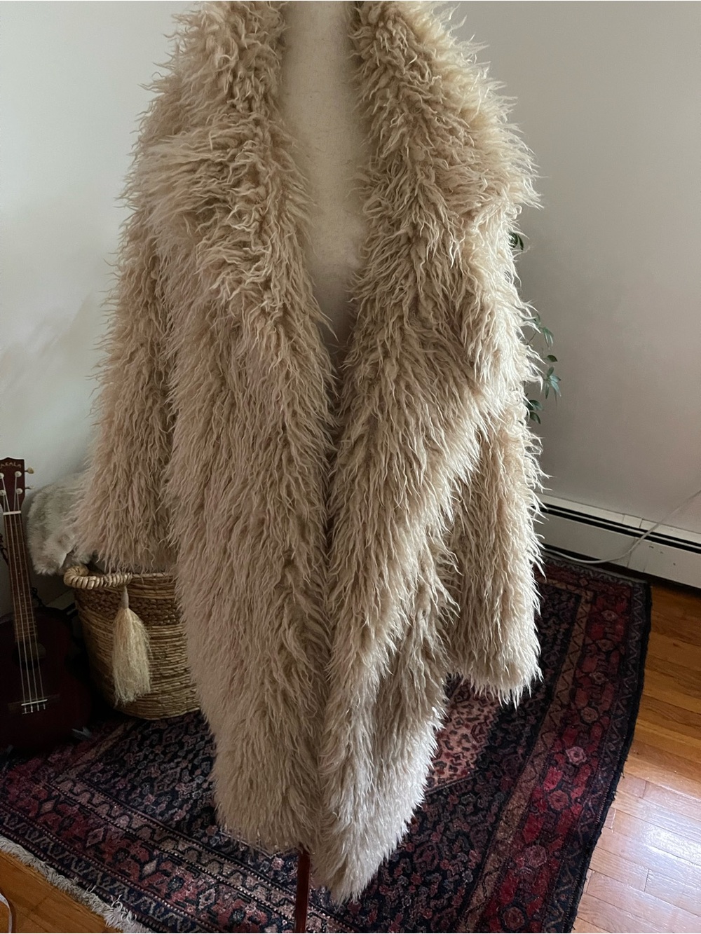 Beige Faux Fur Long Coat - Women's Shaggy Jacket